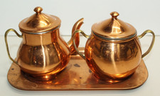 Vintage Copper Color Creamer Sugar Set with Tray & Brass Handle picture