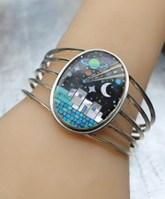Navajo Sterling Silver Scenic Pueblo Night Sky Inlay Turquoise Planets Moon CUFF picture