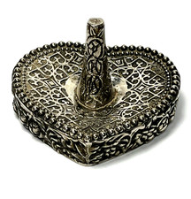 Heart Shaped Ornate Ring Holder Dish Silver Plated Cone Weighted Vintage picture