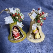 2 VTG Mid Century Flocked Bell Diorama Christmas Ornaments Olive Angel And Girl picture