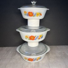 Vintage Glasbake Set of 3 White Milk Glass Wildflower Round Casserole picture