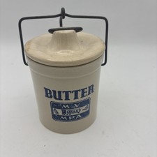 Stoneware Butter Crock w Lid Wire Handle Blue Dairy Farmhouse Decor picture