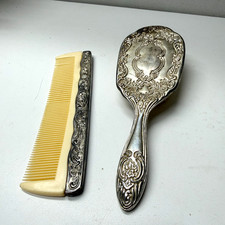 Vintage Ornate Hair Brush & Comb Set Silver Plated Vanity Set  picture