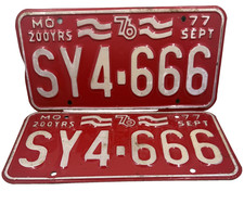 Missouri 666 License Plate Pair 1976 Red Bicentennial Sept 1977 SY4-666 MO RARE picture