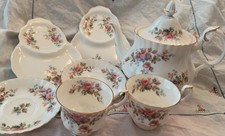 Vintage Royal Albert Moss Rose set; large teapot,2 snack plates,2 cups 2 saucers picture
