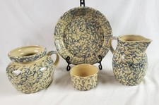 Vintage RRP Co. Robinson Ransbottom Blue Spongeware & Stripe Pottery Set of 4 picture