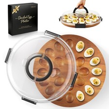 Deviled Egg Containers with Lid, 2026 Upgraded Wooden Deviled Egg Tray Platter w picture