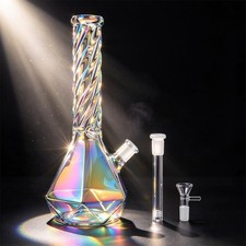 15 inch Iridescent Glass Bong Percolator Water Pipe Thick Smoking Hookah Beaker picture