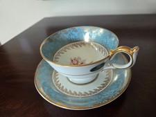 AYNSLEY FINE BONE CHINA CUP & SAUCER Blue TURQUOISE w/ GOLD FILIGREE ROSE CENTER picture