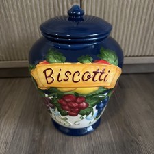 Vintage Nonni’s Biscotti Cookie Jar & Lid Hand Painted Cobalt Blue Fruit Design picture