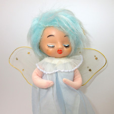 Vtg Fairy Pixie Angel Ornament Posable Blue Hair Tulle Wings Dress Stockinette ? picture