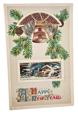 Antique 1913 Happy New Year Postcard Embossed Bells Snow House Pinecones picture