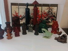 Lot Vintage Oriental Asian Statues Buddha Horse Wood Bird Vases Cinnabar  picture
