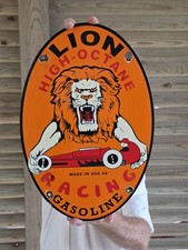 VINTAGE 1956 LARGE LION GASOLINE HIGH-OCTANE RACING PORCELAIN SIGN 16.5