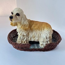 Vintage Cocker Spaniel Dog Figurine in Wicker Basket Bed Statue Plaid Mat picture