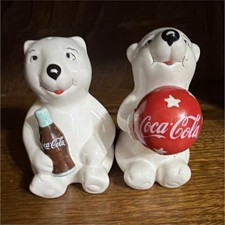 Coca-Cola Polar Bear Ceramic Salt & Pepper Shakers White Red Brown Soda Theme picture
