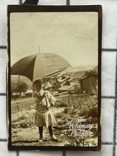 1923 Little Girl With Umbrella Antique Snapshot Photo Rural Farm House Scene picture