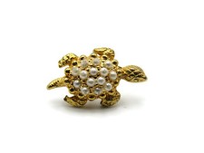Faux Pearl Sea Turtle Brooch Pin Gold Tone Textured Animal Figural Lapel Jewelry picture