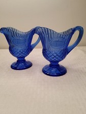 2 Vintage  Avon Colbalt Blue Mt Vernon  Medallion Ribbed  Diamond Pitcher (141) picture