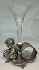 Pairpoint Silver Plate Figural Napkin Ring Cherub W Etched Crystal Vase Horn picture