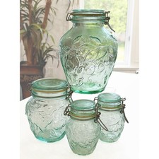 Vintage Green Tint Glass Jar Vitoria Etrusca Hermetic Canister Italy Set of 4 picture