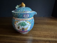 Cili Taoli Chinese Porcelain Tea For One Set Turquoise Famille Rose Gaiwan 3pc picture