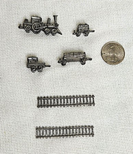Vintage Miniature Pewter Train Set Lot of 6 Locomotive Cars Tracks SML Engraved picture