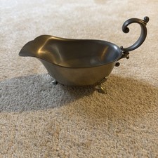Vintage Pewter Gravy Boat Sauce Server Footed Scroll Handle 4.5” Tall picture