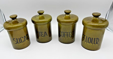 Vintage Mid Century Holiday Designs Green Ceramic 4Pc Canister Set Mushroom Lids picture