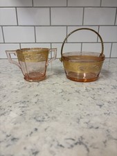 VTG 1930s pink depression glass sugar and cream pail set with gilt etched bands. picture