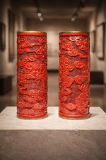 Carved Asian Dragon Resin Cylinders Pair Oriental Decor Vintage Style picture