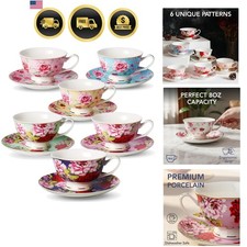 Tea Cups and Saucers Set 6 Floral Bone China 8 oz Porcelain Dishwasher Safe picture
