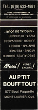 Au P'tit Bouff Tout Mont-Laurier Quebec Vintage Matchbook Cover 1980s picture