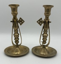 Vintage Pair 2 Brass Gimbal Swivel Nautical Ships Chamberstick Candle Holder 6” picture