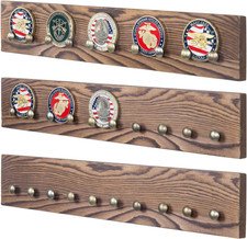 Wall Mounted Solid Brown Wood Challenge Coin Holder with Brass Tone Metal Nail H picture