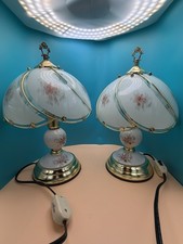 Vintage 1998 Floral Porcelain Glass Panel Table Lamps Pair Brass Tone 13 1/2