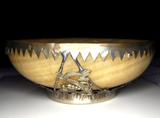 Fine Polished Yellow Lace Agate Bowl Silver Dragon & Phoenix Trinket Potpourri picture