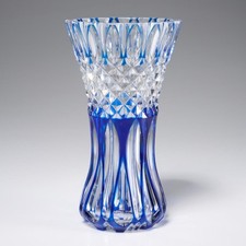 Vintage Czech Bohemian Cobalt Blue Cut to Clear Glass Vase Signed 8