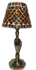 Vintage nice 10” Tall India Brass Candle Holder With Leaded Glass Shade picture