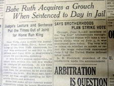 1921 newspaper NY Yankee star BABE RUTH sentenced to a DAY IN JAIL for SPEEDING picture