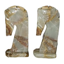MCM Bookends VTG Hand Carved Banded Onyx Trojan Chess Knight Heavy X-LG Art Deco picture