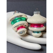 2 Vintage Shiny Brite Tornado Lantern Christmas Ornaments MICA Pink Green Stripe picture
