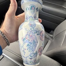 Hand Painted Floral Ceramic Bottle Vase, Glossy White Blue Pink Green picture