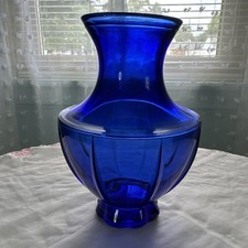 Vintage Cobalt Blue Glass Urn Shaped Ribbed Fluted 1930's Art Deco Vase picture