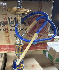 Khalil Mamoon Collectible Hookah Blue Gold Base Wooden Handle Blue Hose picture