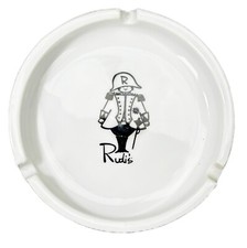 Rudi’s Restaurant 4.5” Porcelain Ashtray White Black Gold Rim picture