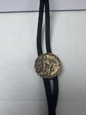 Vintage 1970s Bolo Tie Black Braided Rope 1” Medallion Western Cowboy Retro picture
