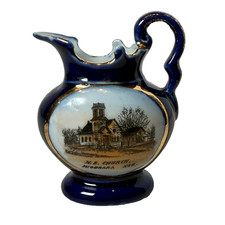 NIOBRARA - CHURCH - NEBRASKA NE Antique Souvenir China COBALT TRINKET CREAMER picture