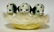 1950’s Dalmatian Puppies In Basket W/ Fur Trim Ring Dish Trinket Dish Vintage picture