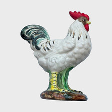 Hand-Painted Porcelain Rooster Chicken Figurine Black White Green Base MR 20 picture